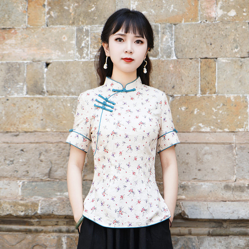 筠雅唐装女中国风夏季短袖改良旗袍上衣素衣碎花薄款中式禅意女装