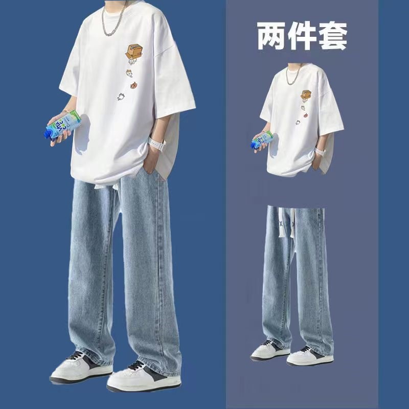 夏季男生两件套装港风宽松短袖T恤搭配直筒牛仔裤学生穿搭一整套