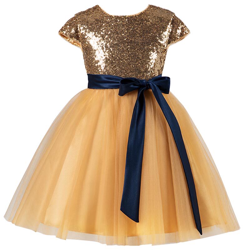 女童钢琴短款演出服金色蓬蓬纱小女孩儿童公主裙模特走秀晚礼服裙