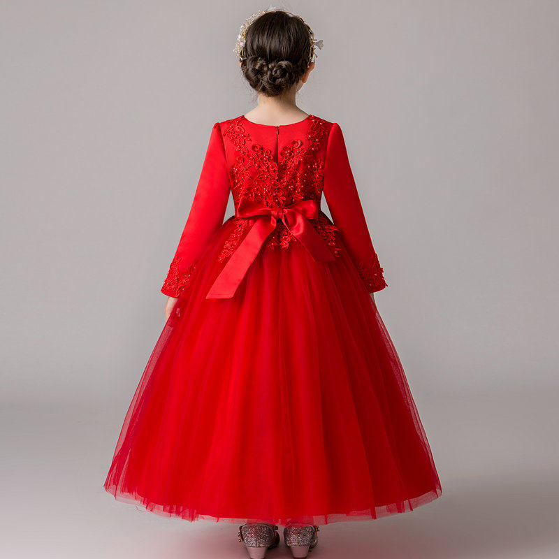 儿童婚纱裙礼服公主裙女童红色连衣裙子春秋冬加绒中大童演出服装