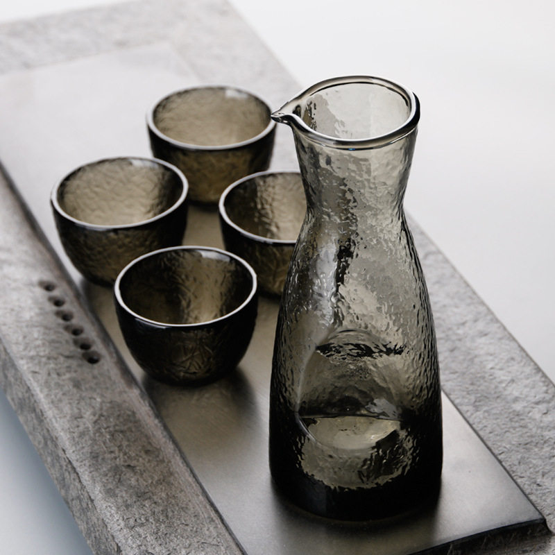 日式玻璃白酒清酒具套装灰色杯锤目纹酒盅分酒器小酒杯酒壶1壶4杯,餐饮具,家用酒壶,淘宝优惠券,粉丝福利购,淘宝优惠卷