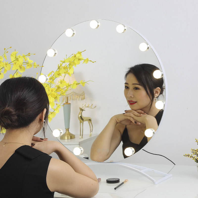 米卡圆形桌面大号化妆镜台式led带灯梳妆镜网红宿舍充电壁挂镜子