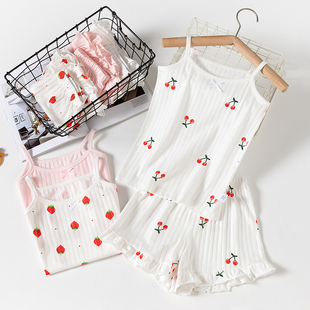 背心短裤 女童装 洋气女孩纯棉衣服宝宝无袖 吊带时髦套装 二件套 夏季