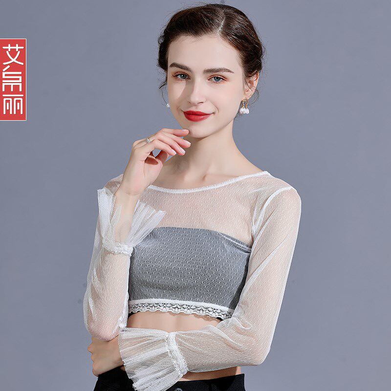 白色t恤宽松薄款长袖女夏 时尚大领口防晒网纱罩衫蕾丝网纱上衣薄