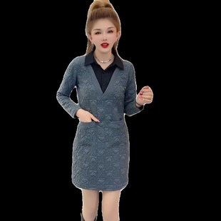 2023年秋冬新款加厚连衣裙中长款拼接POLO领洋气百搭女打底衬衫裙