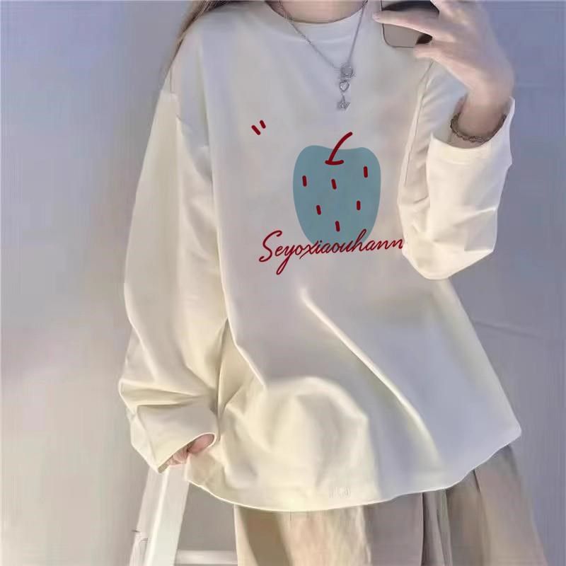 纯棉打底衫女2025新款秋冬加绒白色内搭圆领长袖t恤美式穿搭上衣