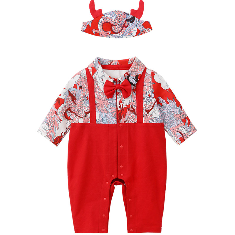龙喜年婴儿一周岁礼服男宝宝红色衣服夏百天百岁宴百日抓周连体衣