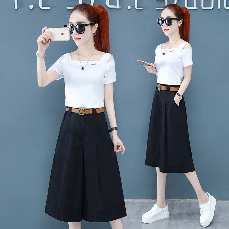 阔腿裤女中裤牛仔宽松五分裙裤卡其色夏薄款2021新款七分时尚套装