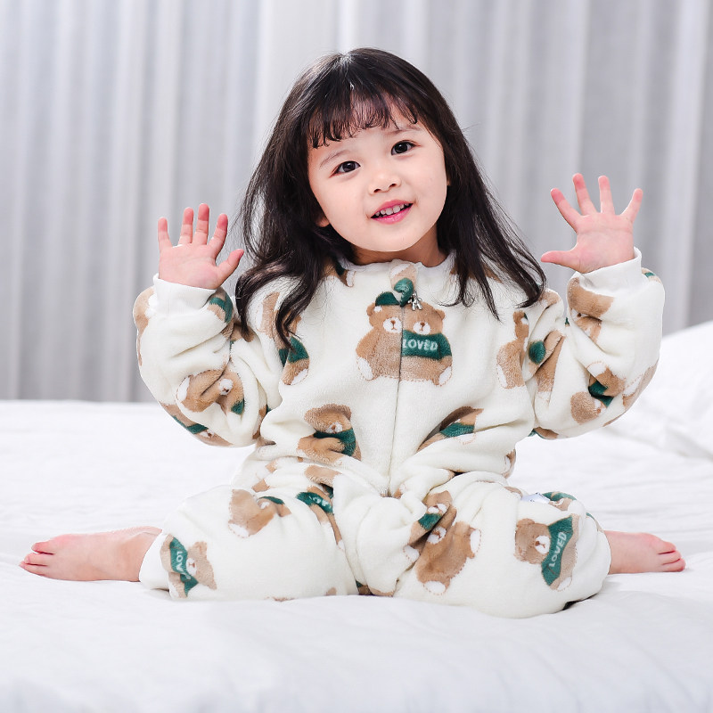 儿童连体睡衣宝宝秋冬季加绒加厚法兰绒家居服珊瑚绒婴儿防踢睡袋