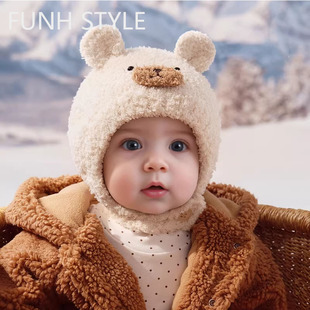 日本婴儿帽子宝宝毛线帽秋冬季可爱珊瑚绒男童针织帽女童护耳帽冬