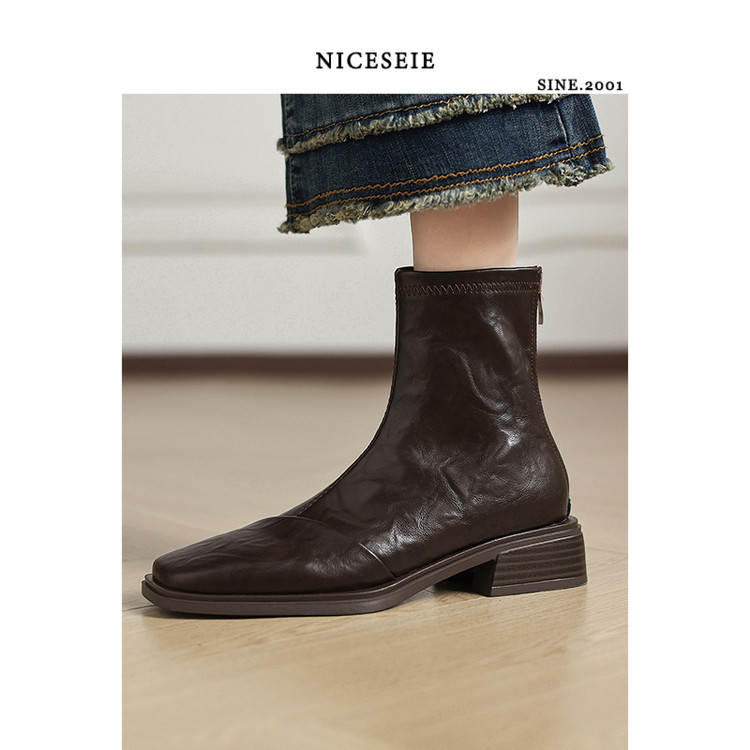NICESEIE_真皮中跟粗跟小短靴瘦瘦靴新款秋冬法式复古方头马丁靴
