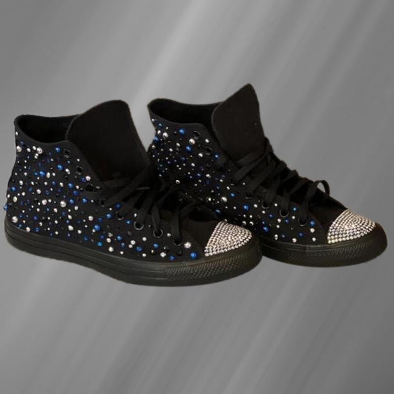 正品高货手工定制黑色水钻个性帆布鞋重工大码高帮系带休