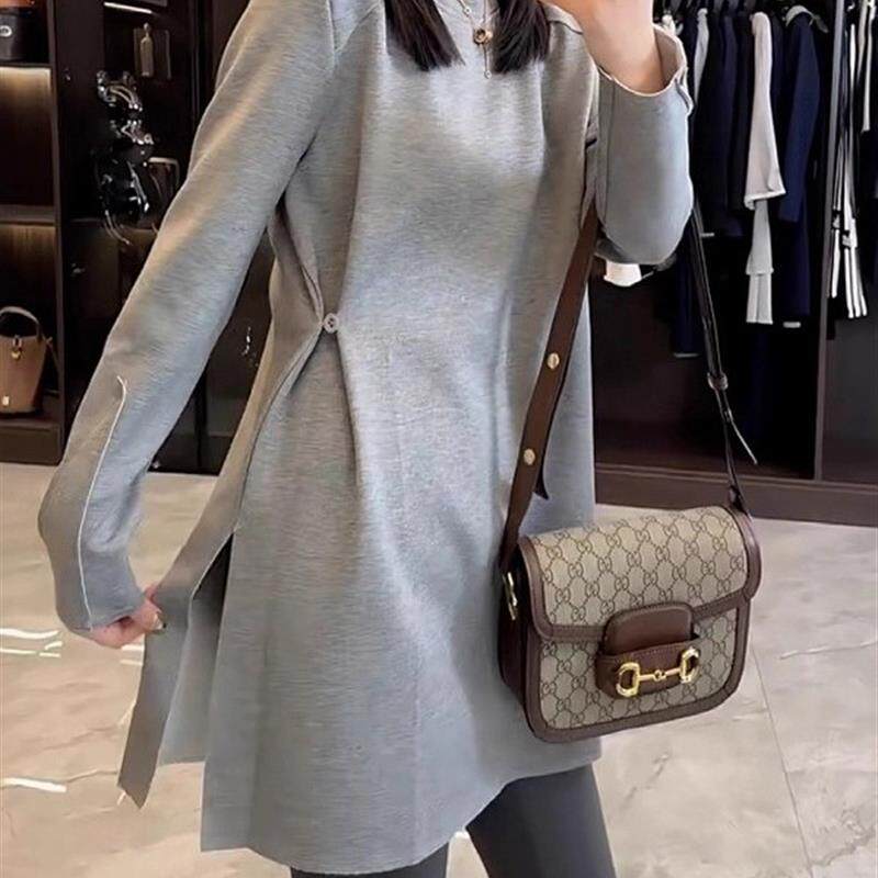 正品高货纯棉简约风灰色长袖T恤女秋季新款大码胖mm中长款收腰巨