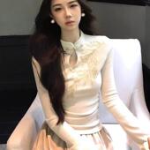 正品 T恤设计感小 长袖 高货新中式 盘扣刺绣德绒上衣女2025秋冬新款
