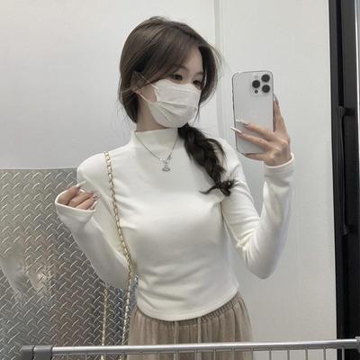 正品高货白色加绒半高领打底衫女秋冬短款加厚内搭义乌上衣小个子
