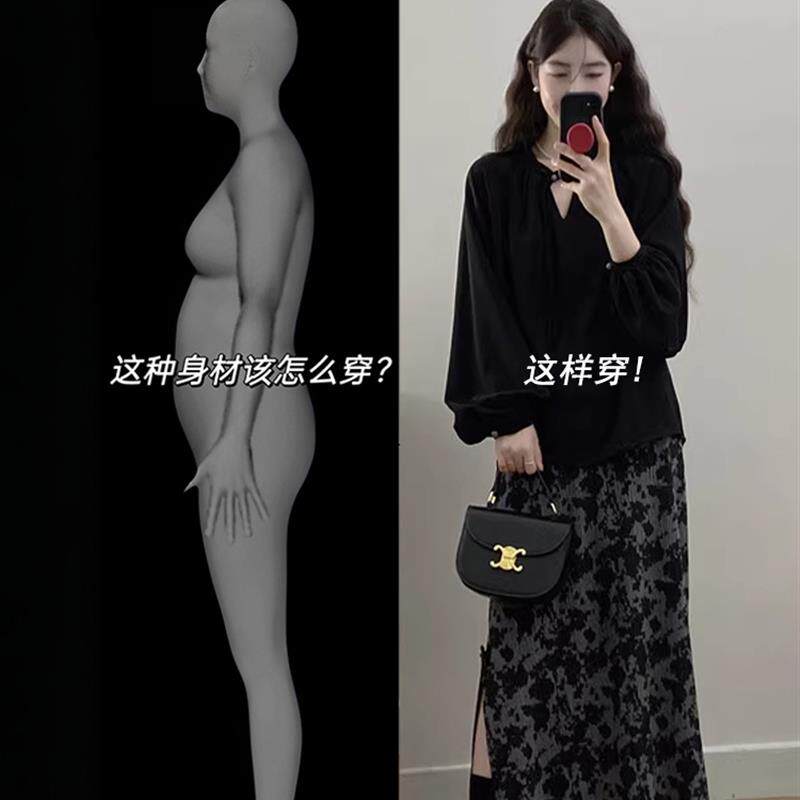 高货小众秋装搭配一整套大码胖mm黑色长袖衬衫高腰半身裙韩系巨好