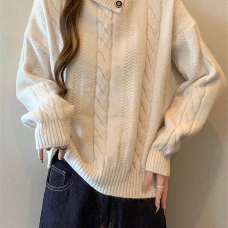 正品高货高级感高领正肩麻花毛衣女2025秋冬宽松胖mm不规则翻领针