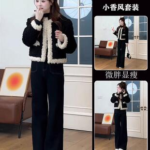 正品高货黑色羊羔毛绒外套女短款秋冬季小个子穿搭一整套高级感小