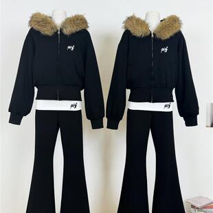 正品高货WESTAYONE毛领卫衣外套女2025新款秋冬+翻边加绒微喇裤