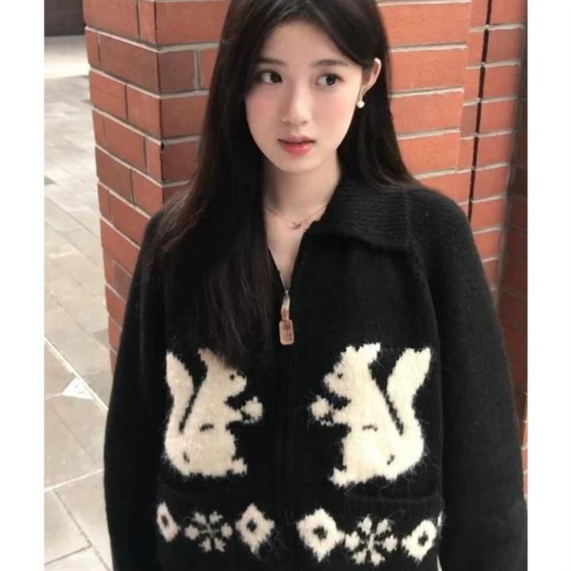 正品高货美式复古甜美可爱兔子polo领针织衫开衫外套女秋冬毛衣宽