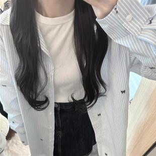 宽松长袖 正品 新款 女2025年夏季 衬衣外 蓝白条纹蝴蝶结印花防晒衬衫