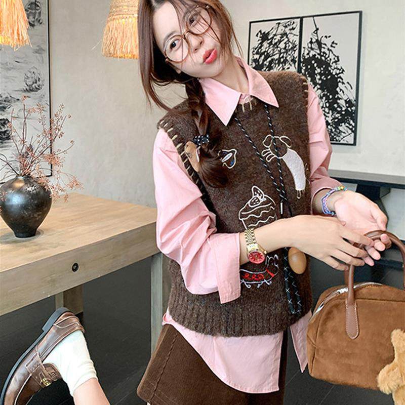 正品高货韩系咖色减龄刺绣针织马甲背心叠穿衬衫两件套装女秋冬季,女装/女士精品,时尚套装,淘宝优惠券,粉丝福利购,淘宝优惠卷