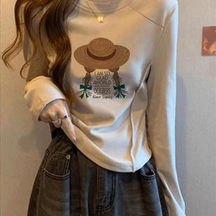 t恤女设计感浅卡其色上衣打底 德绒磨毛正肩长袖 正品 高货2025新款