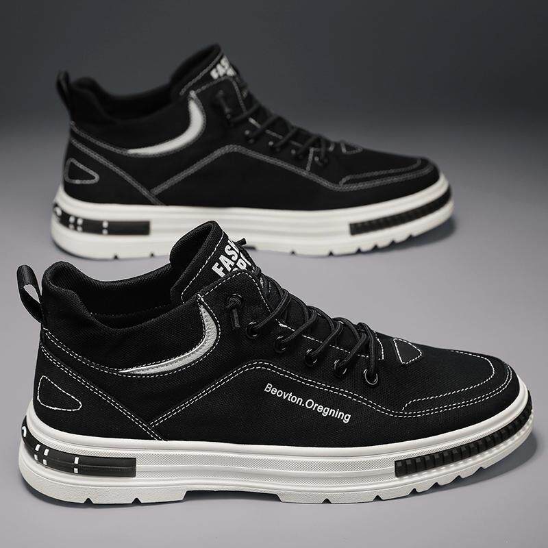 正品高货帆布鞋男秋季懒人高帮一脚蹬工作老北京布鞋男款黑色运动