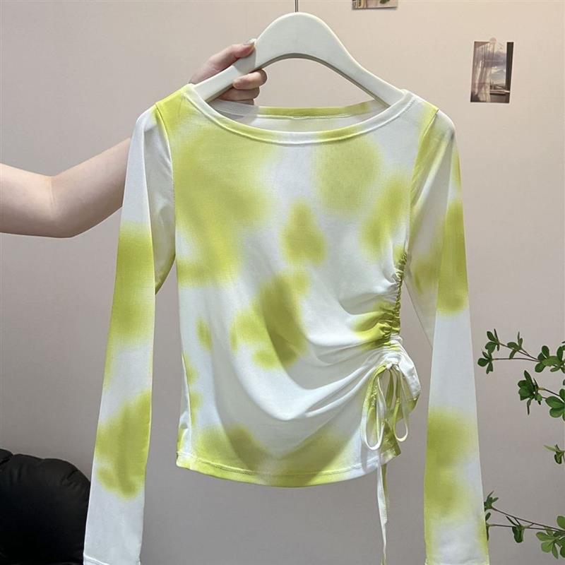 正品高货夏季多巴胺晕染长袖网纱防晒罩衫女抽绳收腰显瘦小上衣设