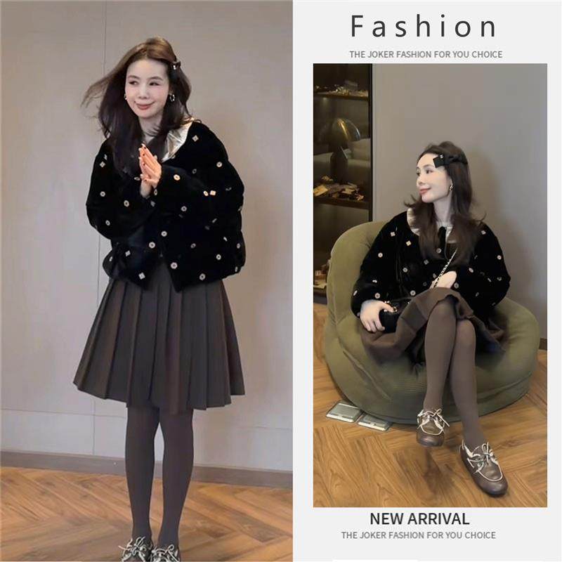 正品高货冬季时尚优雅风穿搭女韩版洋气保暖棉服外套百褶半身裙两