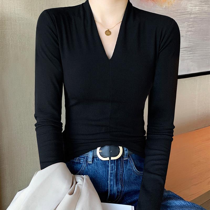 正品高货黑色V领打底衫女内搭早秋季高级感长袖正肩T恤设计感小众