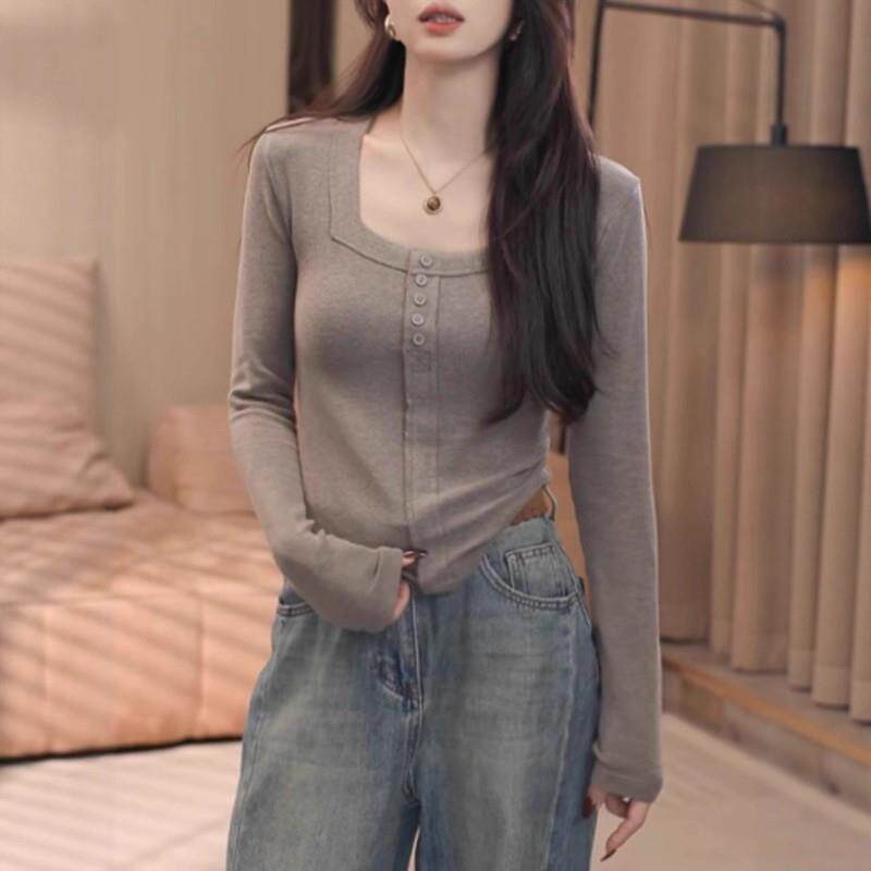 正品高货大码胖MM高级感纯棉方领长袖t恤女秋季设计感修身显瘦打