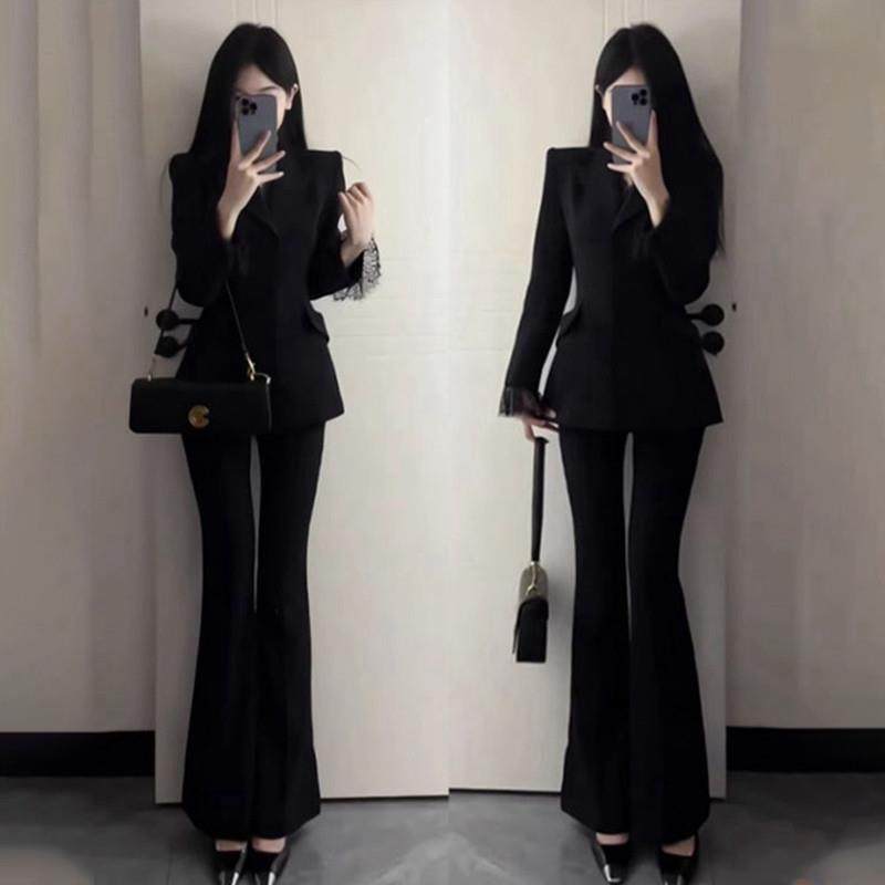正品高货黑色蕾丝拼接西装高级套装女高端定制设计感韩版气质名媛