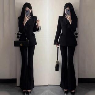 正品高货黑色蕾丝拼接西装高级套装女高端定制设计感韩版气质名媛