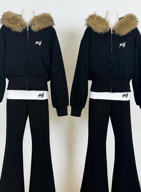 正品高货WESTAYONE毛领卫衣外套女2025新款秋冬+翻边加绒微喇裤