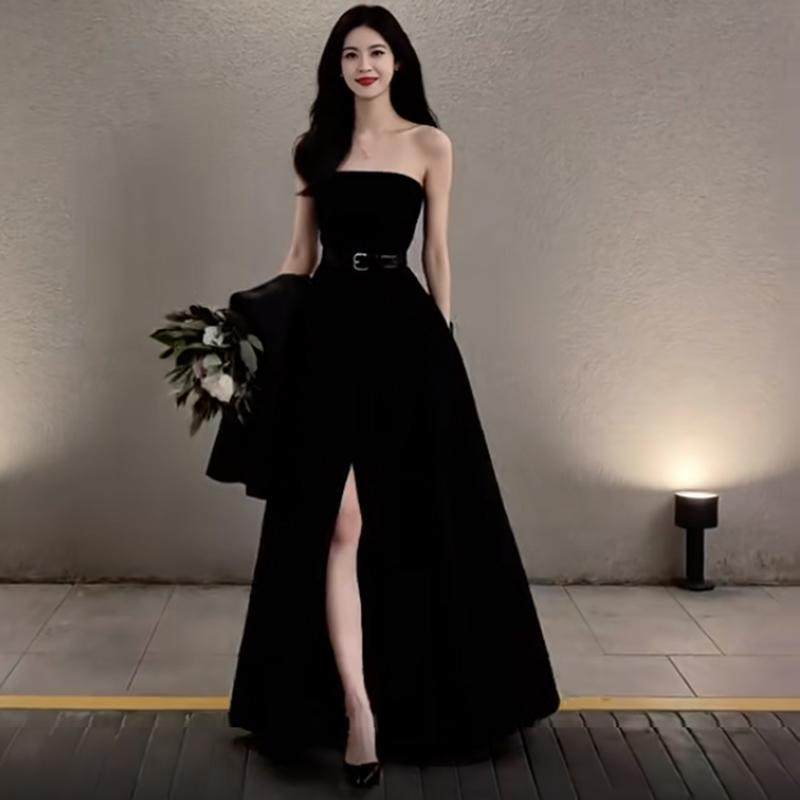 正品高货黑色晚礼服抹胸开叉新娘敬酒服简约时尚年会宴会日常可穿
