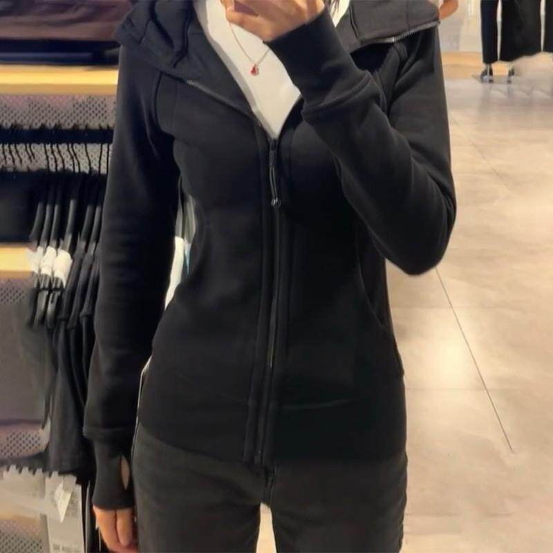 正品高货开春外套女黑色卫衣春季款2025新款修身运动短款连帽紧身