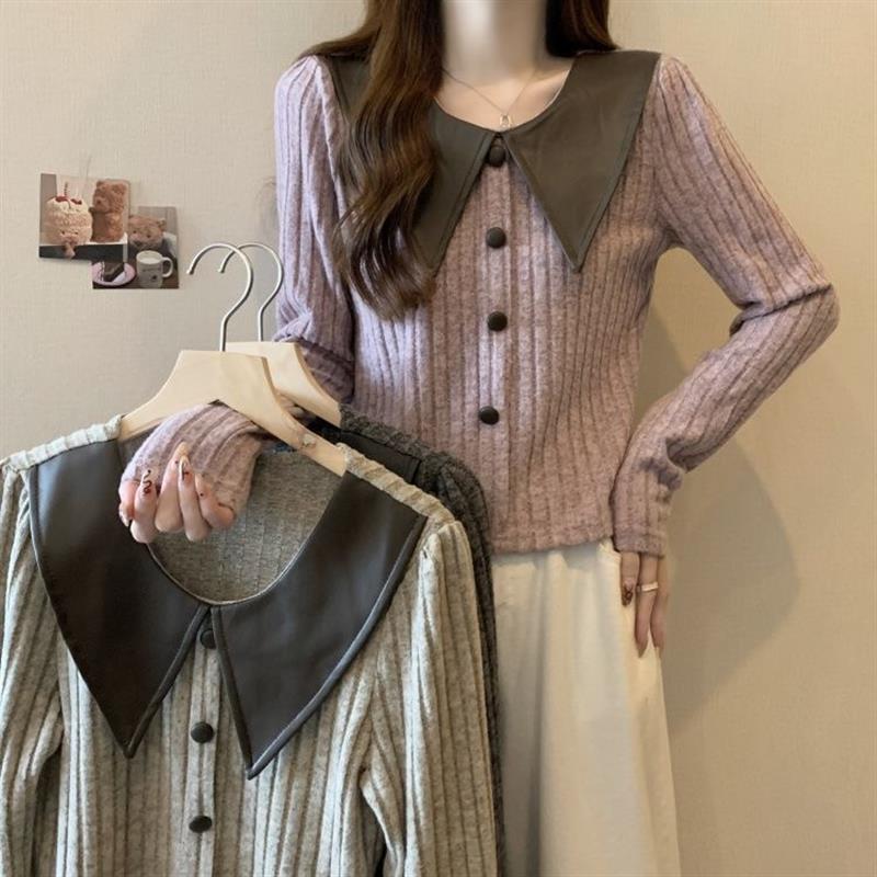 正品高货秋冬季大码女装胖MM百搭复古撞色显瘦拼接方领长袖上衣T