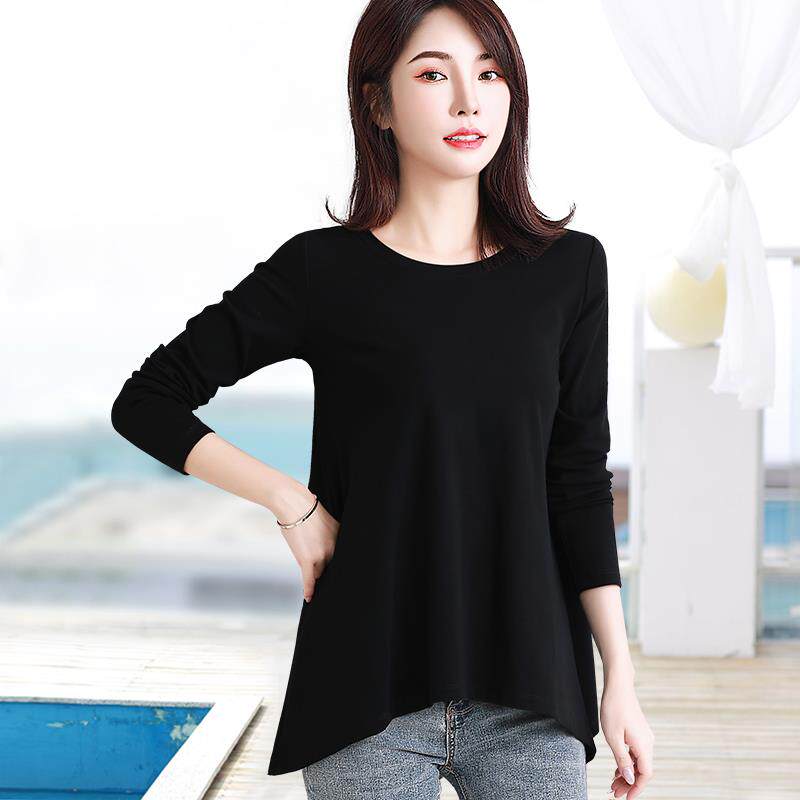 高货小众黑色中长款打底衫女长袖秋季外穿内搭不规则下摆洋气宽松
