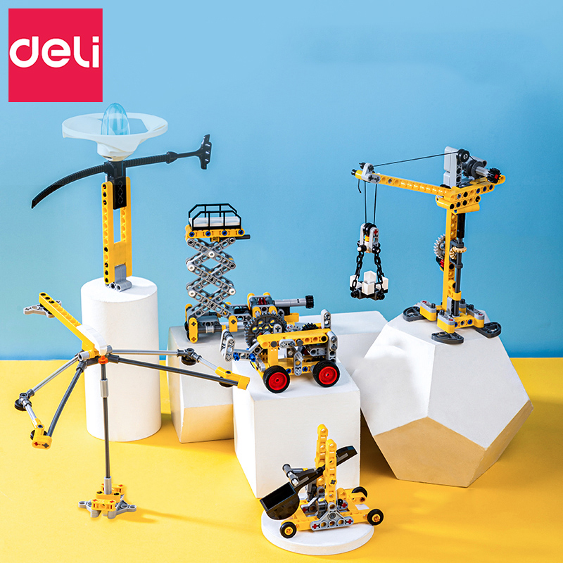 得力科教积木拼装平衡鸟回力车升降台吊塔小颗粒男女儿童益智玩具