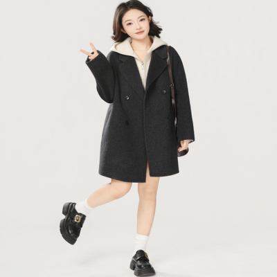【小乐专享】经典韩版四粒扣长短款羊毛大衣+连帽羊毛马甲两件套