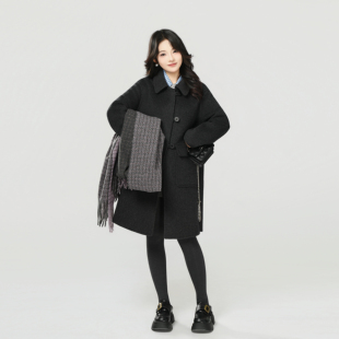 冬季纯色韩版羊毛大衣翻领单排扣显瘦时尚韩版中长款气质外套556