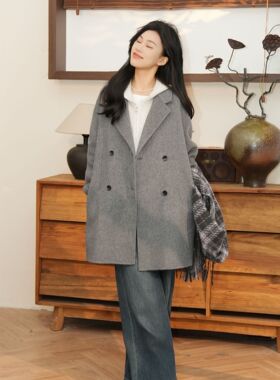 25903 法式复古简约优雅双排扣西装领宽松秋冬长款羊毛大衣加马甲