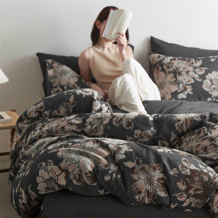 新款a类全棉中古风双层纱色织提花四件套卧室纯棉碎花被套床套件