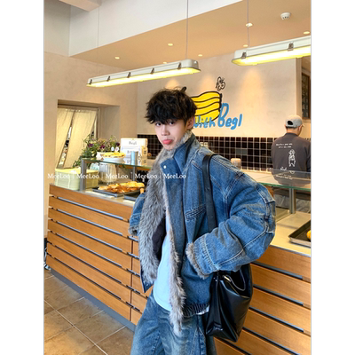 MeeLoo美式水洗牛仔座山雕绒感外套男复古解构可立领加绒夹克棉衣