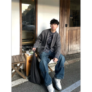 MeeLoo假两件格雷系毛衣拼衬衫男韩系复古圆领学院风针织衫外套