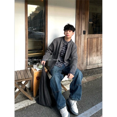 MeeLoo假两件格雷系毛衣拼衬衫男韩系复古圆领学院风针织衫外套