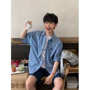 MeeLoo蓝色格子衬衫短袖男女休闲宽松韩系格纹外搭衬衣miu系新款