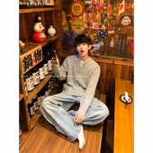 MeeLoo韩系羊毛V领假两件格雷系毛衣男宽松复古慵懒圈圈纱针织衫