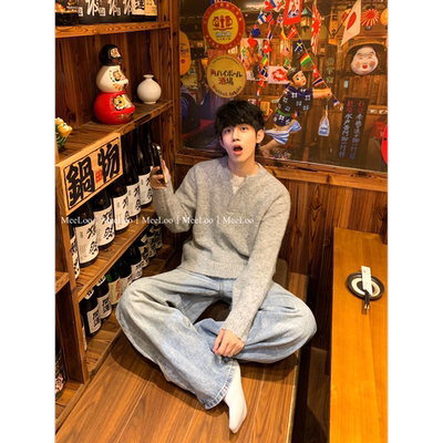 MeeLoo韩系羊毛小V领假两件格雷系毛衣男女复古宽松慵懒风针织衫
